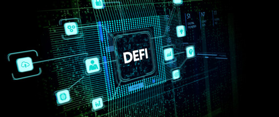DeFi -Decentralized Finance on dark blue abstract polygonal background. Concept of blockchain, decentralized financial system