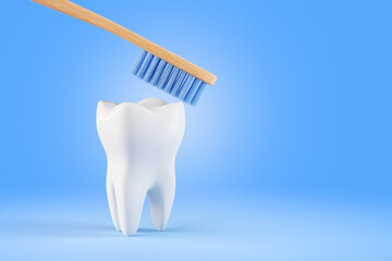 Fototapeta na wymiar Tooth with wooden toothbrush. Render 3d illustration