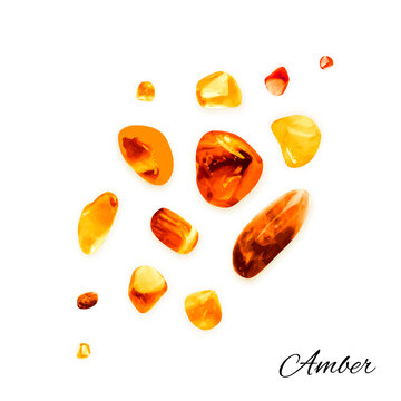 Amber pebbles, fossilized tree resin, polished gemstones