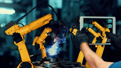 Smart industry robot arms modernization for innovative factory technology . Concept of automation...