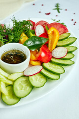 plate with snacks from vegetables on a light background