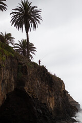 Fototapeta na wymiar pescador en un acantilado, con palmeras de fondo, olas rompiendo