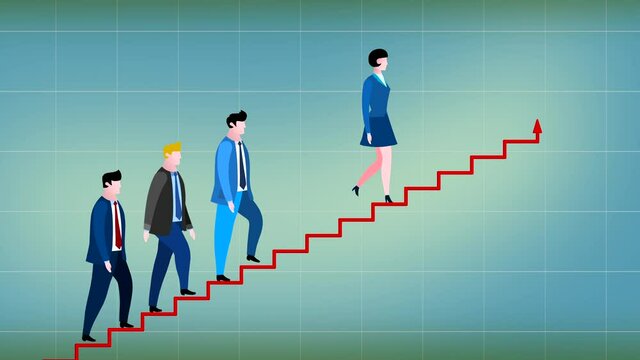 Cartoon leader businesswoman and three mengoing up the chart graph stairs animation. Business metaphor of progress, success, career advancement, climbing up career ladder or stairs. Seamless loop.