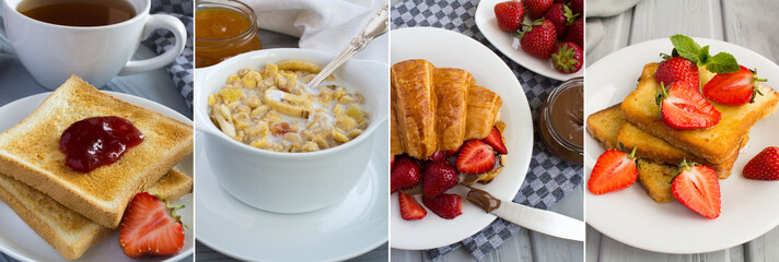 Collage of breakfast. Tea, bread toast, croissant with strawberry and  muesli with milk on the gray background . Close-up.