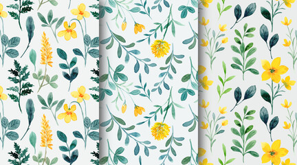 Fototapeta na wymiar Yellow green wild floral watercolor seamless pattern collection