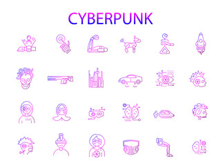 Cyberpunk gradient purple icons set. Futuristic city. Customizable linear contour symbols collection. Editable stroke