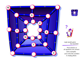 Logic puzzle game for smartest. Find solution so all equations are correct. Solve examples and write the numbers in empty circles. Mathematical maze. Brain teaser book. Memory training for seniors.