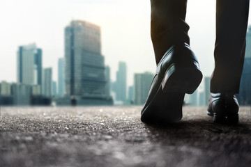Motivation, Steps Forward into a Successful Concept. Challenging in Business and Career. Low Section of Businessman Walking on Street to City. - obrazy, fototapety, plakaty
