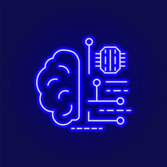 Digital brain outline neon icon. Microchip in the brain, brain robotics technology