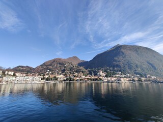 Beautiful view Lago Maggiore and Alps in winter near Verbania Italy 