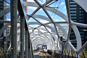 The Hague, The Netherlands, a modern tram viaduct calling: The 'Netkous' or Fishnet Stocking, in The Beatrixkwartier. Holland, Europe