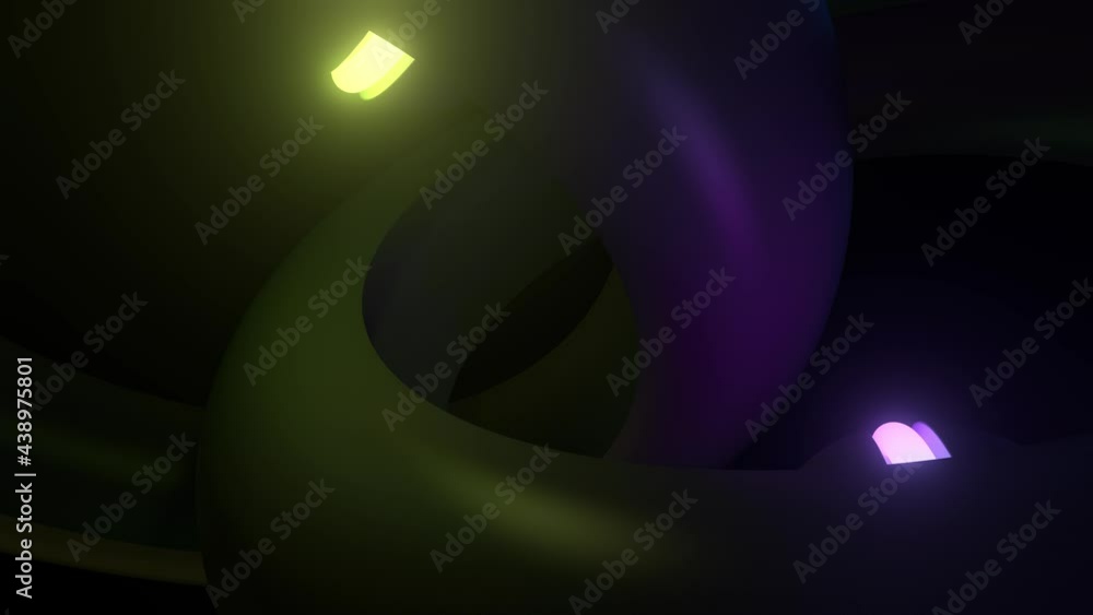 Poster bright neon rings on rolling balls inside two tubes with roughness surface. abstract 3d render backg