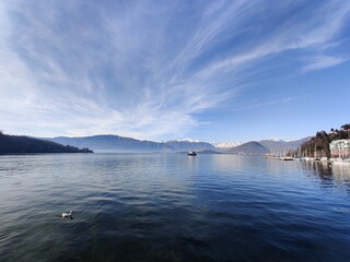 Beautiful view Lago Maggiore and Alps in winter near Verbania Italy 
