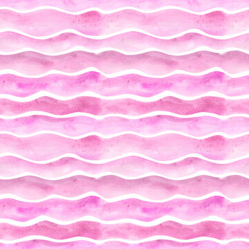 Purple Watercolor Wavy Lines Seamless Pattern On A White Background. Abstract Pink Ocean Endless Print. Hand-drawn Waves Background. Horizontal Wave Illustration. Cute Backdrop. Wallpaper.