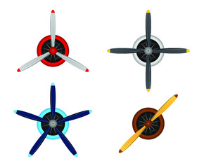 Plane blade propeller set isolated on white background. Vintage airplane propeller icons with radial engine. Turbines icons, fan blade, wind ventilator, equipment generator. Vector illustration © photoplotnikov