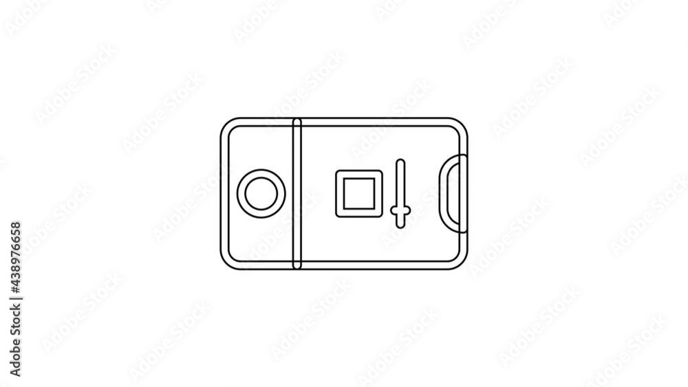 Poster black line mobile phone with record frame camera icon isolated on white background. mobile app appli