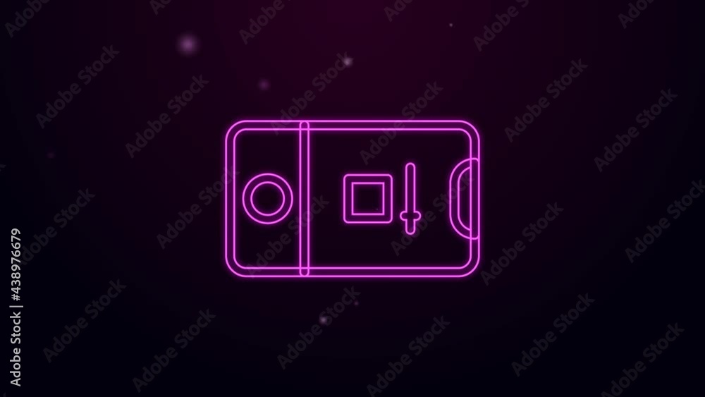 Poster glowing neon line mobile phone with record frame camera icon isolated on black background. mobile ap