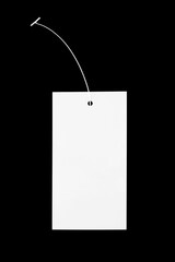 white paper label, price tag for clothing made of thick cardboard, isolate for clipping on a black...
