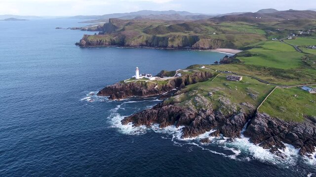 Aerial View of Fanad Head Lighthouse Donegal County, Ireland. Landmark From 19th Century on Steep Sea Cliffs