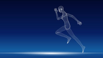 3D rendering running woman from mesh.,point connecting network on blue background.