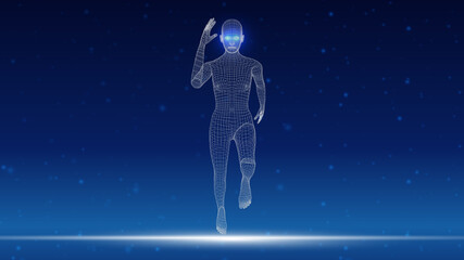 3D rendering running woman from mesh.,point connecting network on blue background.