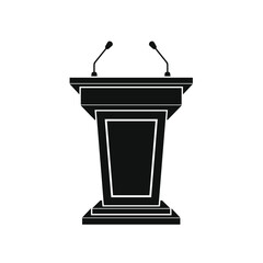 Black tribune icon stand rostrum with microphones on white background. Podium or pedestal stand for speech or public pulpit for orator. Tribute for press conference or media, politics communication.