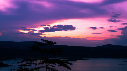 Colorful sunset at Umiam Lake, Meghalaya, India