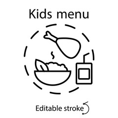 School meal concept outline concept icon. Kids menu. Chicken, porridge and juice