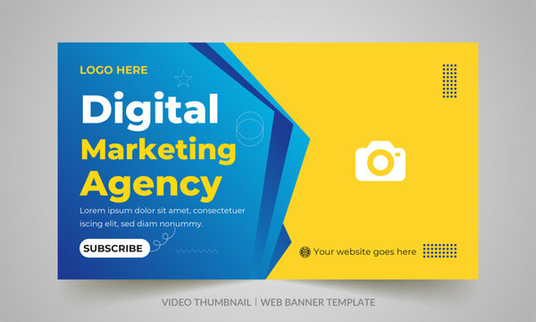 Digital marketing agency video thumbnail and web banner design. Video cover photo fully editable for social media. Customizable web banner template and thumbnail