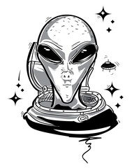 Alien astronaut black and white cartoon illustration