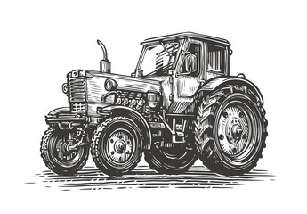 Fototapeta na wymiar Farm tractor sketch. Agricultural industry, farming concept. Vintage vector illustration