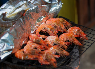 Close up shrimps on the grill