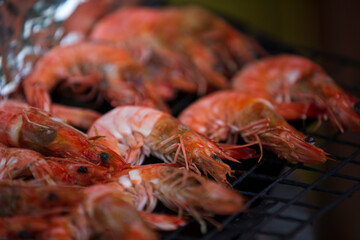 Close up shrimps on the grill