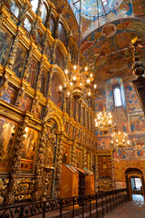Interior of the Church of Elijah the Prophet with an iconostasis, a monument of the 17th century. Yaroslavl, Russia