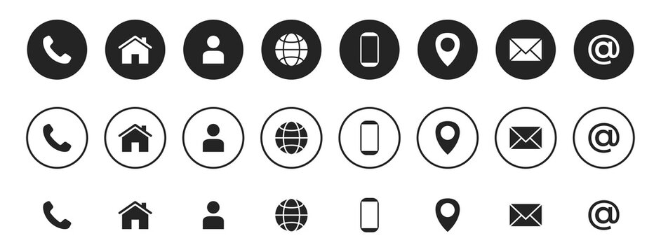 Business card contact information icons. Set of location and contacts flat vector symbols. Black circle white icon and simple black variation