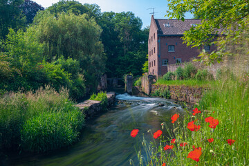 Long exposure of a water rapid of the Nekummer watermill in the Jeker river in the valley with blooming wild flowers and a old cottage just outside Maastricht