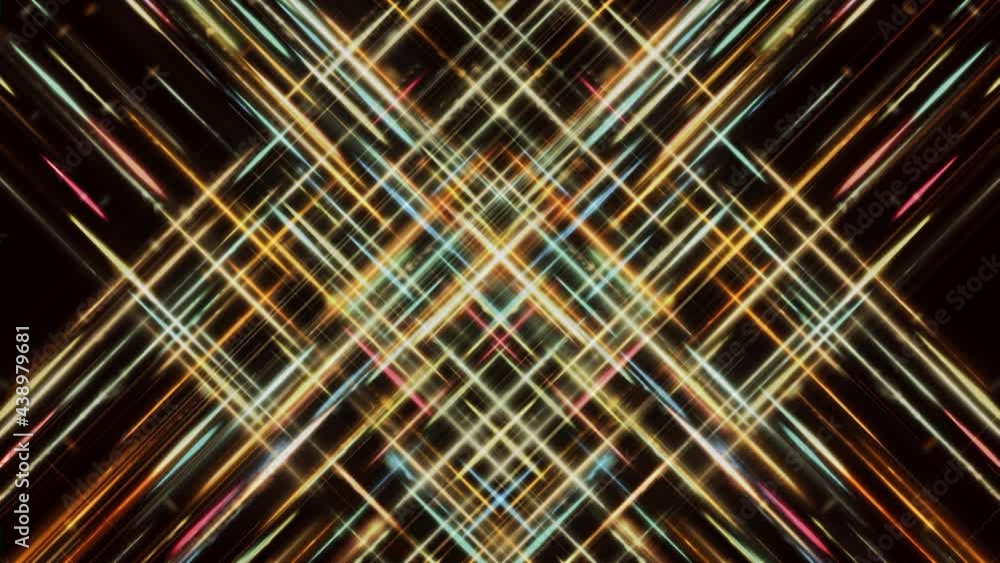 Poster colorful glowing neon tech square or rhombus formed by stretched flows of stripes. animation. two di