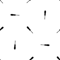 Seamless pattern of repeated black screwdriver symbols. Elements are evenly spaced and some are rotated. Vector illustration on white background