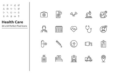 set of healthcare thin line icon perfect pixel 64x64, online healthcare, hospital, doctor