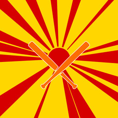 Baseball bats symbol on a background of red flash explosion radial lines. The large orange symbol is located in the center of the sun, symbolizing the sunrise. Vector illustration on yellow background