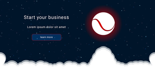 Business startup concept Landing page screen. The tennis ball on the right is highlighted in bright red. Vector illustration on dark blue background with stars and curly clouds from below