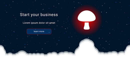 Business startup concept Landing page screen. The mushroom symbol on the right is highlighted in bright red. Vector illustration on dark blue background with stars and curly clouds from below