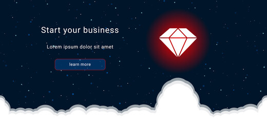 Business startup concept Landing page screen. The diamond symbol on the right is highlighted in bright red. Vector illustration on dark blue background with stars and curly clouds from below