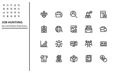set of job recruitment line icons, 64x64px, headhunting, cv, human resource
