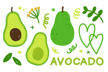 hand drawn avocado, watermelon art set, wavocado illustration