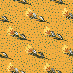 Modern floral seamless pattern with green and yellow colorred flower elements. Orange dotted background.