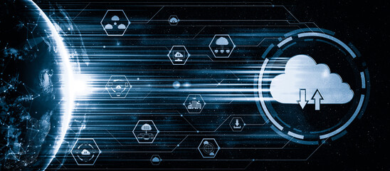 Cloud computing technology and online data storage in innovative perception . Cloud server data storage for global business network concept. Internet server service connection for cloud data transfer.