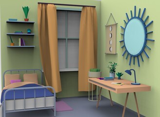 Low poly cartoon room interiors 3d-illustration 3d-rendering