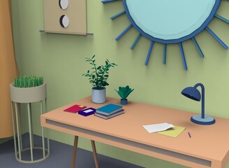 Low poly cartoon room interiors 3d-illustration 3d-rendering
