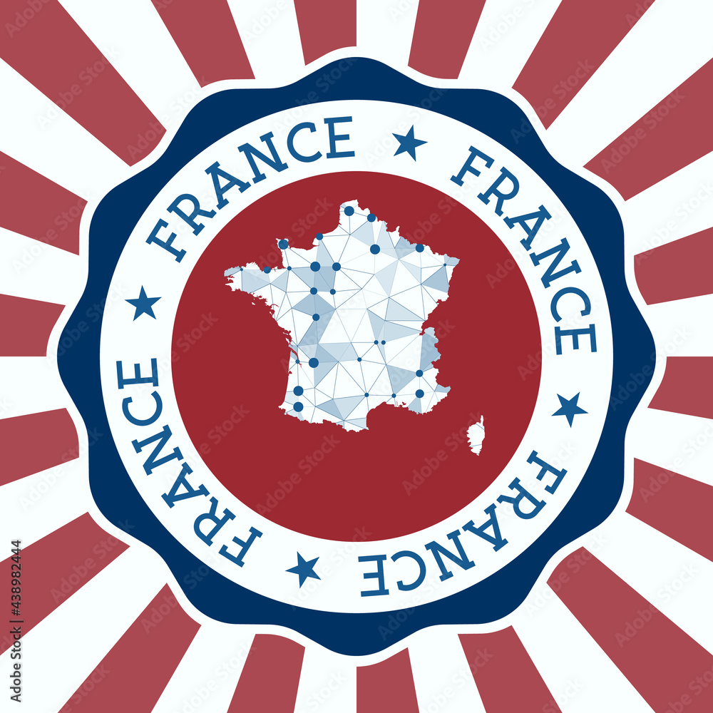 Poster france badge. round logo of the country with a triangular mesh map and radial rays. eps10 vector.